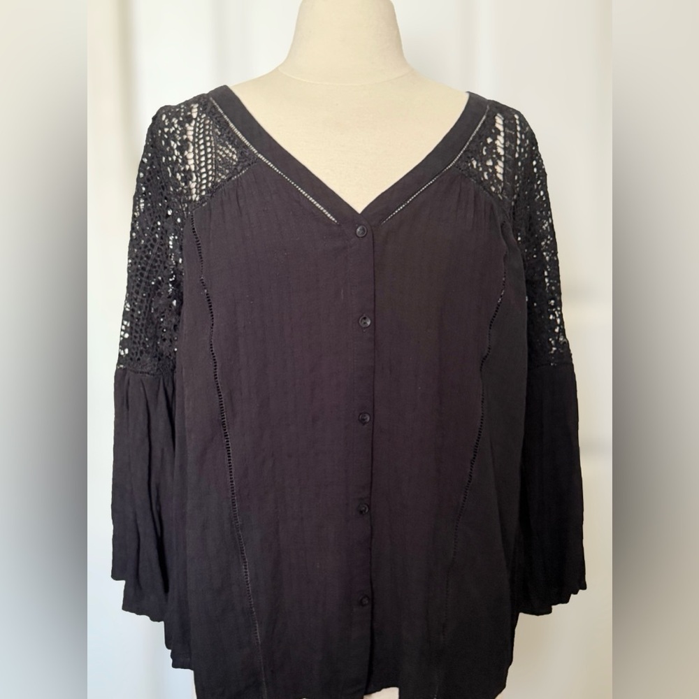 Cozy Casual Black Crochet Lace Boho Cottagecore Button Blouse Size L